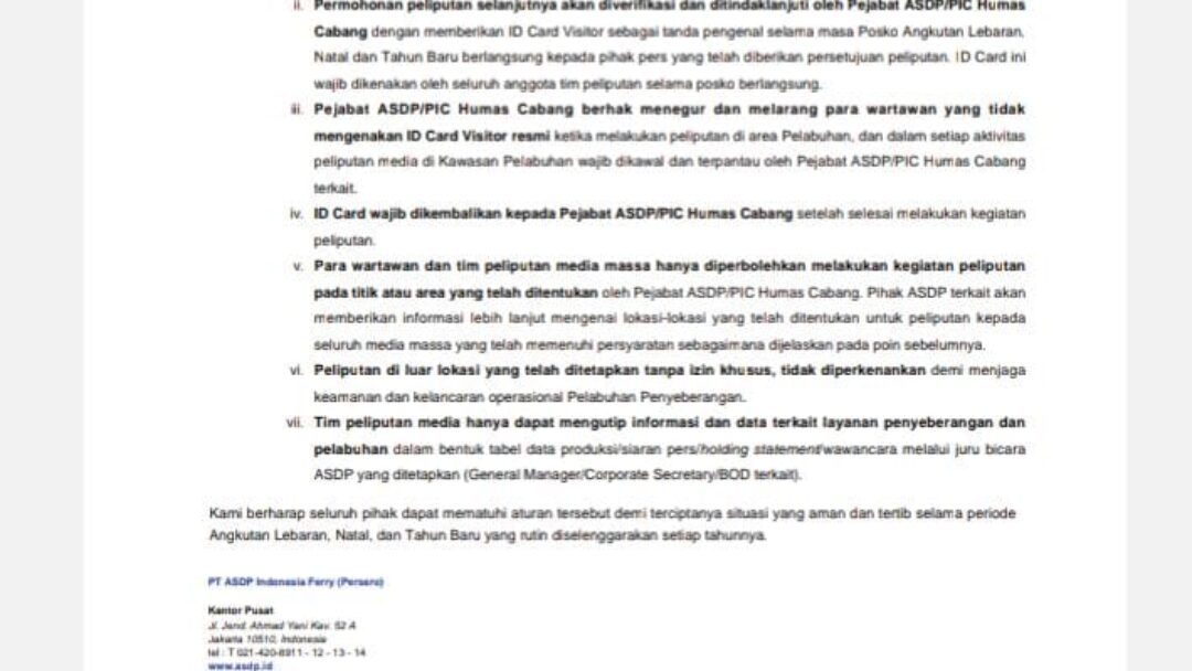 Terkait Surat Aturan Peliputan Media Di Area Pelabuhan, Ini Penjelasan Humas Cabang Utama ASDP Ketapang